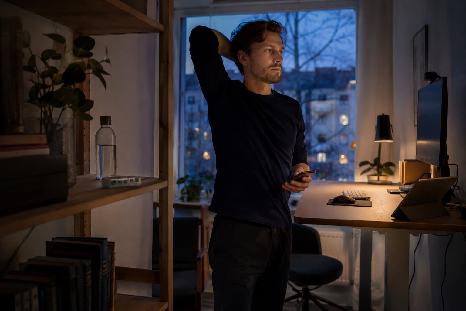 En man i tjugoårsåldern vid ett ståskrivbord på kvällen, med telefonen i handen, en vattenflaska och en liten dosett på hyllan bredvid