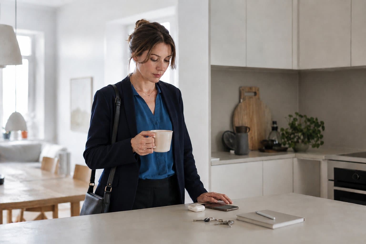 En kvinna i trettioårsåldern klädd för jobbet i ett ljust svenskt kök, med kaffe i handen, som tittar på sin telefon bredvid nycklarna och en liten dosask