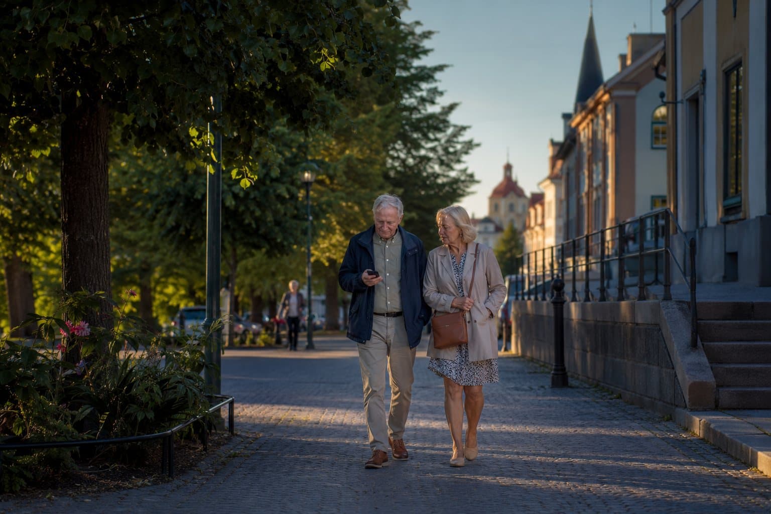 Ett äldre par som promenerar genom en svensk stad i kvällsljus, den ena tittar på en telefon